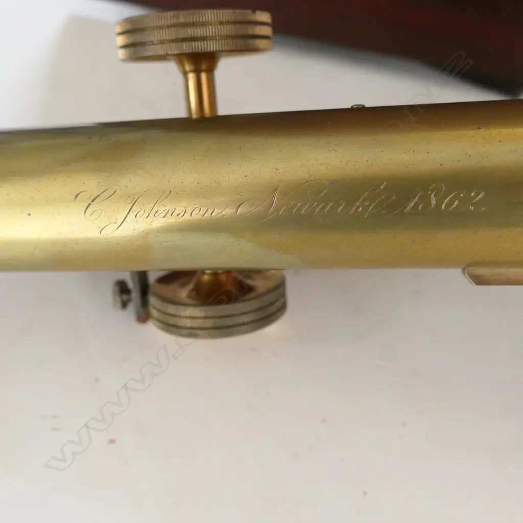 BRASS MICROSCOPE, ENGRAVED: C. JOHNSON, NEWARK 1862. NO LENSES. IN MAHOG BOX Image 1++